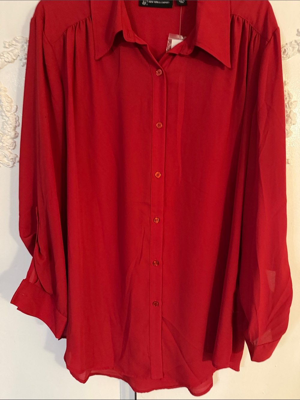 New York & Company Red Long-Sleeve Button Front Tunic